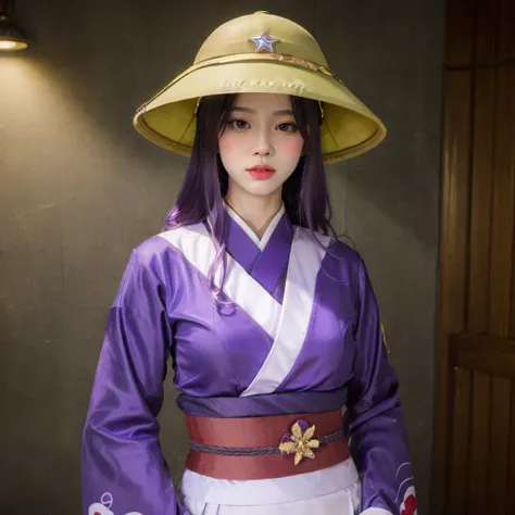 masterpiece,ultra realistic,32k,extremely detailed CG unity 8k wallpaper, best quality, (1 girl, looking at viewer, cowboy shot:1.4)
BREAK
1 girl, <lora:MuCoiv18:0.8>, MuCoi, vietnamese, pith, helmet, (green headwear:1.1)
BREAK
1 girl, purple hair, purplr eyes, looking at viewer,school, purple clothes, whole body, japanese castle, close mouth, midium breasts, RaidenShogun, detailed clothes, wide-sleeved kimono, hair ornament, white japanese clothes, (red obi:1.4), (purple hair:1.4), <lora:RaidenShogun-hands:0.45>