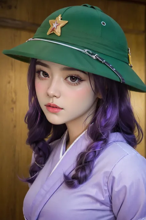 masterpiece,ultra realistic,32k,extremely detailed CG unity 8k wallpaper, best quality, (1 girl, looking at viewer, cowboy shot:1.4)
BREAK
1 girl, <lora:MuCoiv18:0.8>, MuCoi, vietnamese, pith, helmet, (green headwear:1.1)
BREAK
1 girl, purple hair, purplr eyes, looking at viewer,school, purple clothes, whole body, japanese castle, close mouth, midium breasts, RaidenShogun, detailed clothes, wide-sleeved kimono, hair ornament, white japanese clothes, (red obi:1.4), (purple hair:1.4),  <lora:RaidenShogun-hands:0.45>