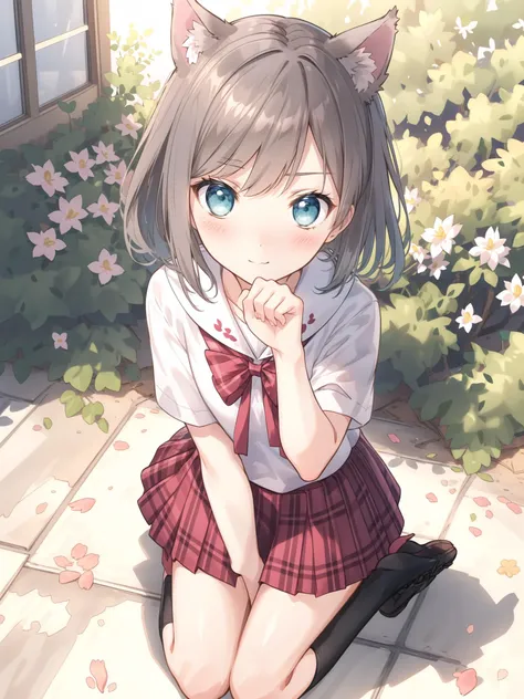 ((masterpiece)), (best quality), (ultra-detailed), (beautiful illustration),
outdoor, flower garden, sakura,
tsutsukakushi tsukiko,grey hair,short hair,aqua eyes,side ponytail,school uniform,white shirt,pink plaid skirt,black legwear,
<lora:henneko:0.5>
solo,  cat_ears,  blush,
kneeling, from above, face focus, face close-up, cat_hand_pose, poker face,