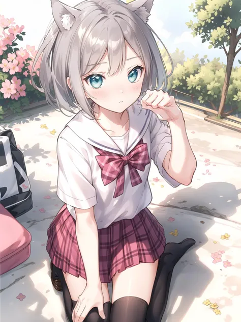 ((masterpiece)), (best quality), (ultra-detailed), (beautiful illustration),
outdoor, flower garden, sakura,
tsutsukakushi tsukiko,grey hair,short hair,aqua eyes,side ponytail,school uniform,white shirt,pink plaid skirt,black legwear,
<lora:henneko:0.5>
solo,  cat_ears,  blush,
kneeling, from above, face focus, face close-up, cat_hand_pose, poker face, fist