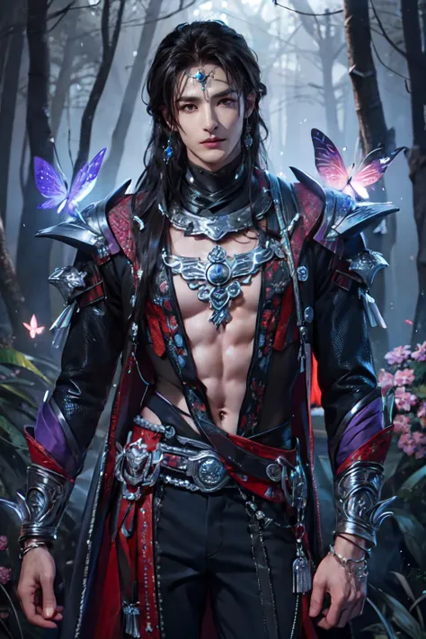 masterpiece, best quality, 8k, cg, hdr, side lighting, cowboy shot, Hair tie, mznan, a handsome man, (looking at viewer:1.3), clavicle, long hair, jewelry, bracelet, long sleeves, tattoo, particles, butterfly, sky, forest, <lora:miaozunan5:0.8>