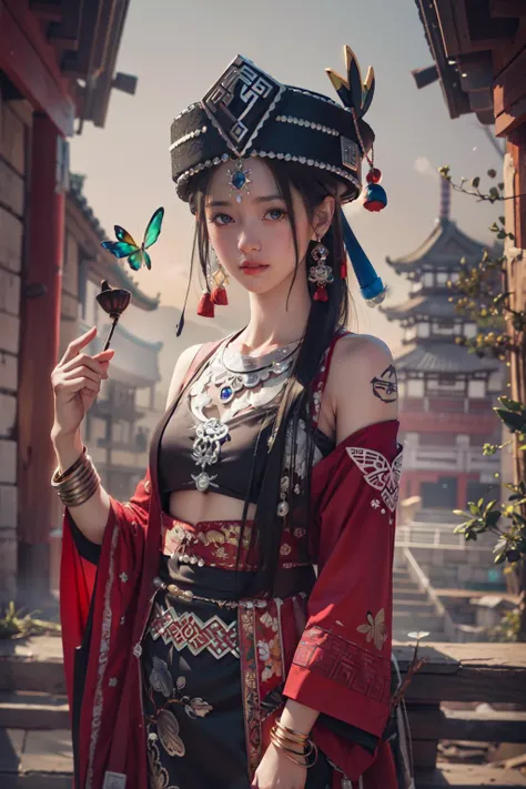 masterpiece, best quality, 8k, side lighting, cowboy shot, Miao hat, Hair tie, (1girl:1.3), (looking at viewer:1.3), long hair, clavicle, (jewelry:1.3), bracelet, long sleeves, tattoo, particles, butterfly, outdoors, chinese ancient architecture, tree, <lora:miaozunan5:0.8>,