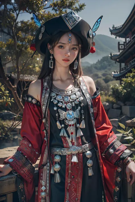 masterpiece, best quality, 8k, side lighting, cowboy shot, Miao hat, Hair tie, (1girl:1.3), (looking at viewer:1.3), long hair, clavicle, (jewelry:1.3), bracelet, long sleeves, tattoo, particles, butterfly, outdoors, chinese ancient architecture, tree, <lora:miaozunan5:0.8>,