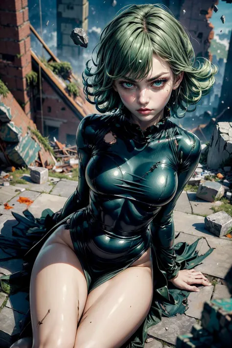 1 girl,perfect anatomy,medium breasts,black dress,long sleeves,thighs,green hair,look at viewer,from below,detaield eyes,hiquality,top quality,4k,perfect lighting