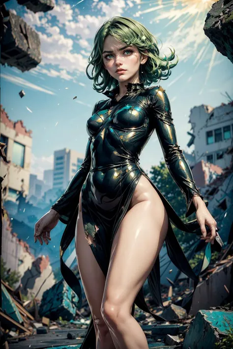 (ultra realistic,32k, masterpiece:1.2),(high detailed skin:1.1),( high quality:1.1),
<lora:Tatsumaki:0.7> tatsumaki,green hair, green eyes, angry,v-shaped eyebrows,dress, black dress, thighs, long sleeves, thick thighs, (tattered torn clothing:1.1), destroyed buildings, collapsed buildings,(falling rocks,falling particles:1.2),(fire:0.9), smoke, swirled  background,(looking at viewer, standing, from below:1.1), flat, small breast,<lora:add_detail:0.77>,
(bioluminiscent:1.1),