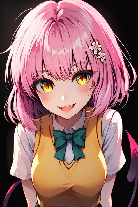 <lora:KuroCAT_Style:1>, high resolution, highly detailed, perfect lighting, beautiful detailed eyes, upper body, black background, 1girl, solo, looking at viewer, <lora:tlrmomo-pdxl-nvwls-v1:1> tlrmomo, pink hair, hair flower, green bowtie, yellow sweater vest, white shirt, short sleeves, green miniskirt, demon tail, looking at viewer, standing, happy, open mouth, blue sky, trees, waist up head tilt, curvy, smile, blush,