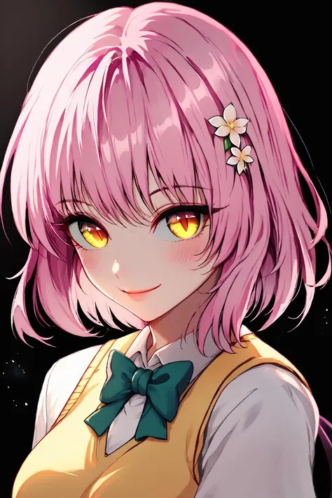 <lora:KuroCAT_Style:1>, high resolution, highly detailed, perfect lighting, beautiful detailed eyes, upper body, black background, 1girl, solo, looking at viewer, <lora:tlrmomo-pdxl-nvwls-v1:1> tlrmomo, pink hair, hair flower, green bowtie, yellow sweater vest, white shirt, short sleeves, demon tail, curvy, smile, blush,
