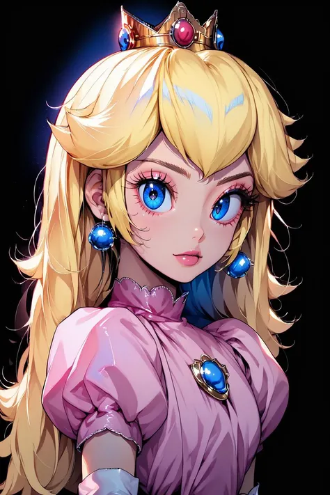 <lora:KuroCAT_Style:1.7>, high resolution, highly detailed, perfect lighting, beautiful detailed eyes, upper body, black background, 1girl, solo, looking at viewer, <lora:Princess_Peach_Shiny_Style-000009:0.5>, princess peach, blonde hair, blue eyes, long hair, crown, dress, gem, gloves, pink dress, puffy short sleeves, puffy sleeves, short sleeves, white gloves,