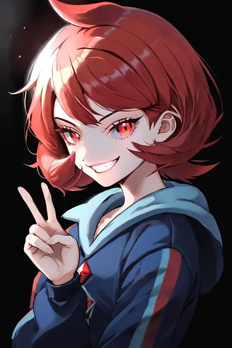 <lora:KuroCAT_Style:1>, high resolution, highly detailed, perfect lighting, beautiful detailed eyes, upper body, black background, 1girl, solo, looking at viewer, <lora:Arezu (Autism SDXL):0.8> 1girl, solo, arezu_(pokemon), short_hair, red_hair, red_eyes, cowlick, sitting, sidewalk, diamond clan outfit, blue hoodie, grin, v, smug,