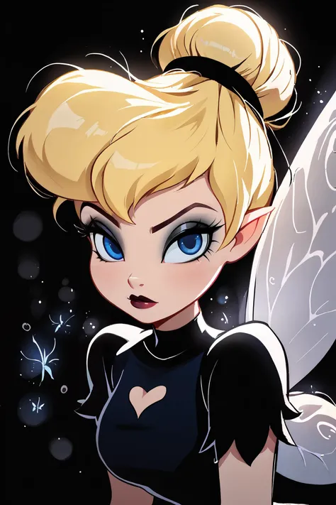 <lora:KuroCAT_Style:1>, high resolution, highly detailed, perfect lighting, beautiful detailed eyes, upper body, black background, 1girl, solo, looking at viewer, TinkerWaifu, magic particles, leaning forward, medium breasts, narrow waist, fairy wings, blonde hair, blue eyes, goth, black dress, eye shadow, sexy, hair bun, disney style, looking at viewer, <lora:tinkerbellPonyXL_character-10:0.8>