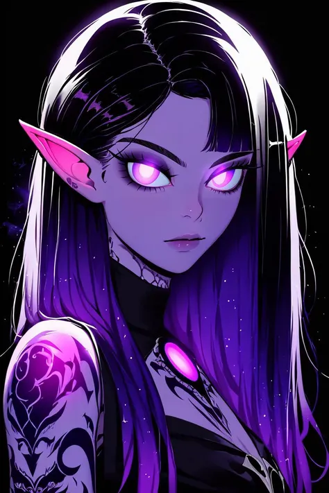 <lora:KuroCAT_Style:1>, high resolution, highly detailed, perfect lighting, beautiful detailed eyes, upper body, black background, 1girl, solo, looking at viewer, gothic elf, eyeliner, glowing eyes, makeup, tattoos, two colored hair, detailed background, nebula,,