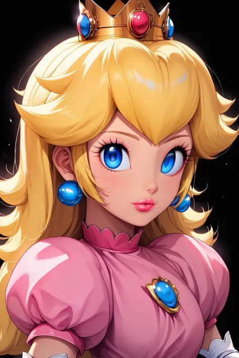 <lora:KuroCAT_Style:1>,  high resolution, highly detailed, perfect lighting, beautiful detailed eyes,   upper body, black background, 1girl, solo, looking at viewer,   <lora:Princess_Peach_Shiny_Style-000009:0.6>, princess peach, blonde hair, blue eyes, long hair, crown, dress, gem, gloves, pink dress, puffy short sleeves, puffy sleeves, short sleeves, white gloves,
