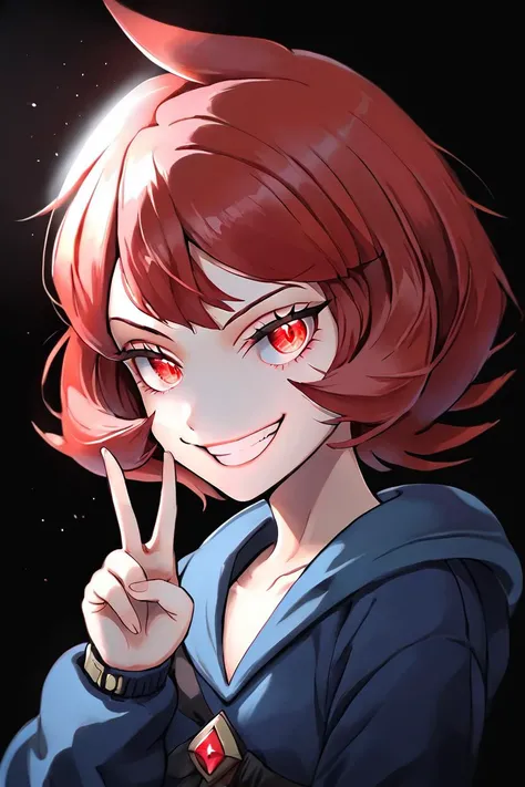 <lora:KuroCAT_Style:1>, high resolution, highly detailed, perfect lighting, beautiful detailed eyes, upper body, black background, 1girl, solo, looking at viewer, <lora:Arezu (Autism SDXL):0.8> 1girl, solo, arezu_(pokemon), short_hair, red_hair, red_eyes, cowlick, diamond clan outfit, blue hoodie, grin, v, smug,