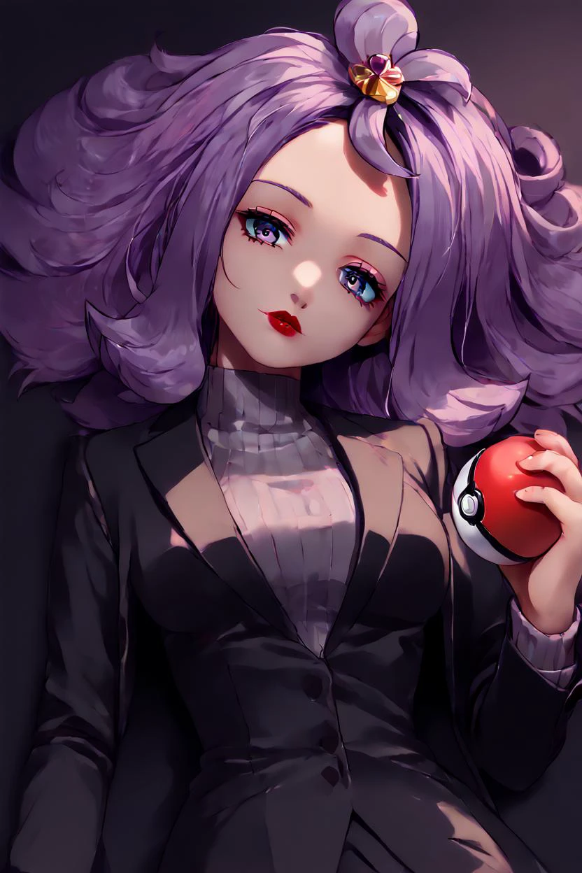 (ultra realistic,32k, masterpiece:1.2),(high detailed skin:1.1),( high quality:1.1), high resolution, highly detailed, perfect lighting, beautiful detailed eyes, ((masterpiece,best quality)), absurdres, solo, upper body, <lora:Acerola_Pokemon_P1:0.8>, acerola (pokemon), purple hair, purple hair, topknot, flipped hair, medium breasts, black jacket, formal, suit, black background, red lips, curvy, head tilt, shiny clothes, holding pokeball, <lora:LunarCAT_Style:0.8>, <lora:KuroCAT_Style:0.3>, (blank background:1.2) blurry background,(looking at viewer, lying, from above:1.1), (neon pastel light:1.1),