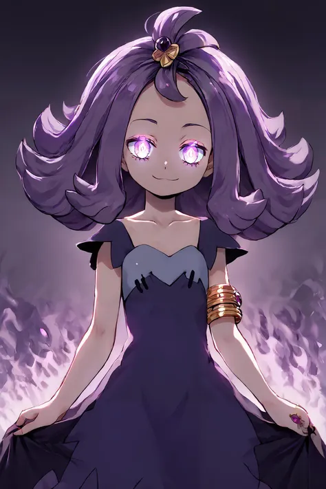 high resolution, highly detailed, perfect lighting, beautiful detailed eyes,   ((masterpiece,best quality)), absurdres, solo,   <lora:Acerola_Pokemon_P1:0.8>, glowing eyes,  acerola (pokemon), purple hair, purple hair, topknot, flipped hair, collarbone, purple dress, stitches, multicolored dress, armlet, smile, looking at viewer, cowboy shot,   <lora:LunarCAT_Style:0.8>, <lora:KuroCAT_Style:0.5>,