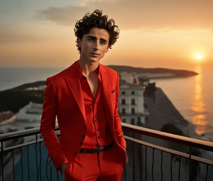 Nautical-themed (Photo:1.3) of (Ultrarealistic:1.3) <lora:Man_Men_FFashion:1> Timothe Chalamet a man <lora:Timothe-Chalamet:1>,  in a red suit standing on a balcony, handsome man, attractive man, handsome male, sun behind him, inspired by Pablo Munoz Gomez, shot at golden hour, editorial photograph, midshot of a hunky, by Roman Bezpalkiv, by Artur Tarnowski, maxim sukharev, by Gabor Szikszai,Highly Detailed,(Mono Color:1.3) . Sea, ocean, ships, maritime, beach, marine life, highly detailed