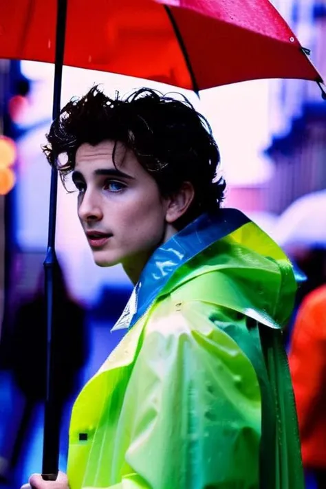 Timothe Chalamet a man <lora:Timothe-Chalamet:1>, wearing a rain coat, flaccid penis, crop top, city street, bokeh, homoerotic, rainy day, <lora:xpenis-1.5e:0.9>