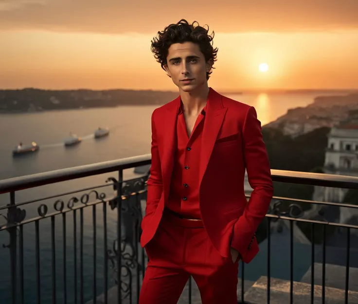 Nautical-themed (Photo:1.3) of (Ultrarealistic:1.3) <lora:Man_Men_FFashion:1> Timothe Chalamet a man <lora:Timothe-Chalamet:1>,  in a red suit standing on a balcony, handsome man, attractive man, handsome male, sun behind him, inspired by Pablo Munoz Gomez, shot at golden hour, editorial photograph, midshot of a hunky, by Roman Bezpalkiv, by Artur Tarnowski, maxim sukharev, by Gabor Szikszai,Highly Detailed,(Mono Color:1.3) . Sea, ocean, ships, maritime, beach, marine life, highly detailed