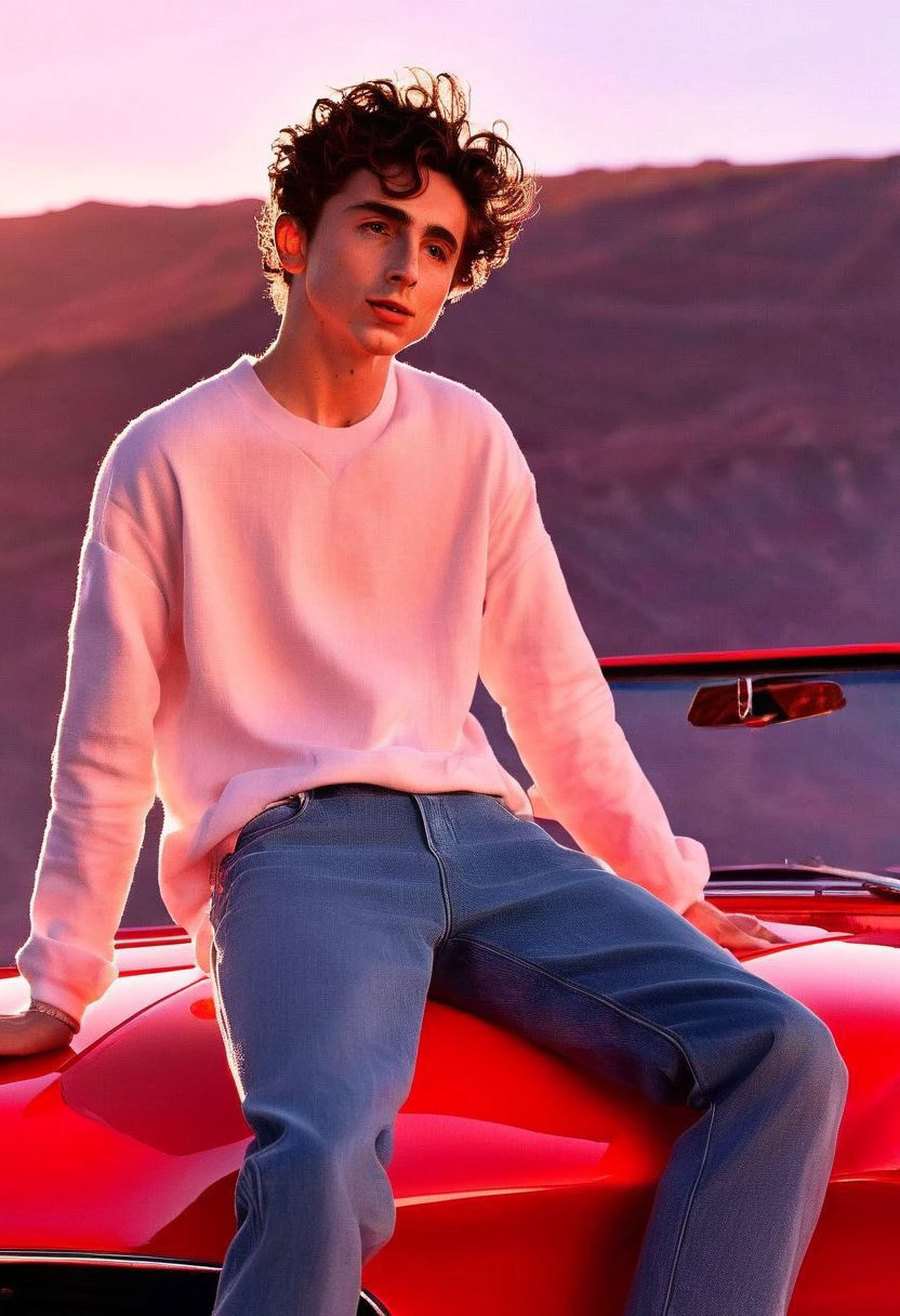 Timothe Chalamet a man <lora:Timothe-Chalamet:1> sitting on red car. Full body. muscular. warm light. sunset. Opened shirt. Taken from below. zoom out,