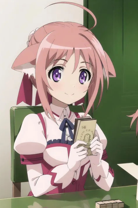 miruhi, 1girl, smile, animal_ear_fluff, dress, breasts, paper, ribbon, looking_at_viewer, long_sleeves, blush, table, mahjong_tile, upper_body, layered_sleeves, holding