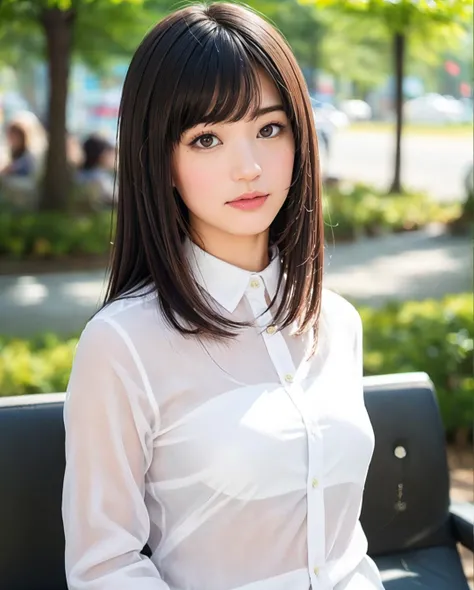 pureerosface_v1, best quality, photorealistic, 8k, high res, full color, 1girl, woman, 20 years old woman, (closed mouth:1.73), (skindentation), (portrait:0.6), trees, park bench, daylight, ((park background:1.52)), full color, ((whitebuttonedshirt:1.58)), looking at viewer:1.8, (1girl eyes looking at viewer:1.55), (medium hair, brownhair, partedbangs:1.45), (bokeh), <lora:AAV-shoko:0.69>