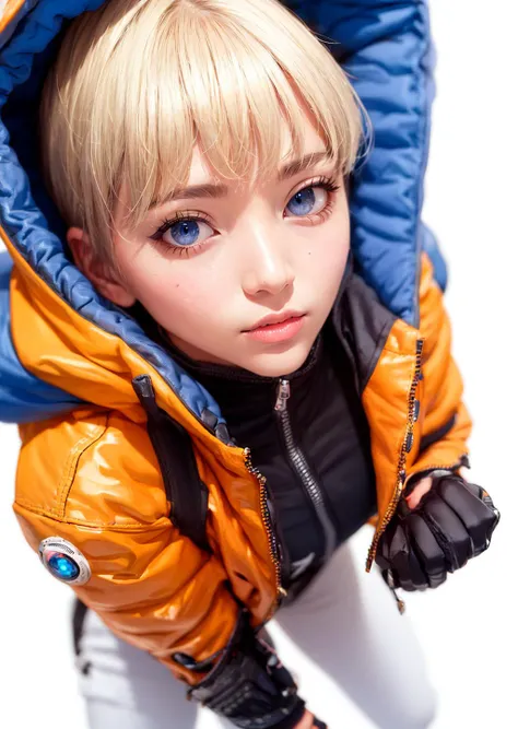 1girls, solo, white background, wattson, masterpiece, highly detailed, blue eyes, detailed eyes, expressive detailed eyes, wide eyed, detailed pupils, blonde hair, short hair, orange jacket, white rubber skinsuit, Rubber Gloss, white pants, blush, plain background <lora:wattsonApexLegends_v20:0.7>