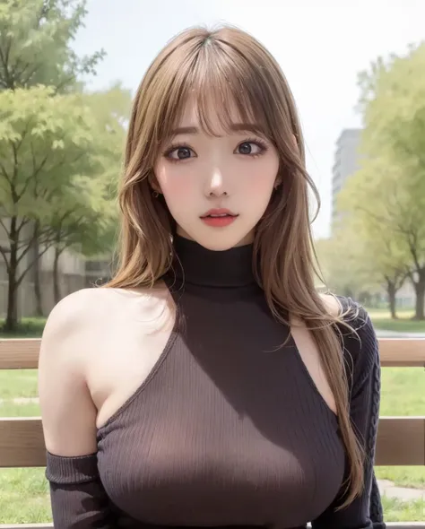 pureerosface_v1, best quality, photorealistic, 8k, high res, full color, 1girl, woman, 20 years old woman, (closed mouth:1.2), (skindentation), (portrait:0.6), trees, park bench, daylight, ((park background:1.52)), full color, ((necksweater:1.68)), straight-looking at viewer:1.8, (1girl eyes looking at viewer:1.55), (shoulder-length hair, brown-blondhair, partedhair:1.45), (bokeh), <lora:AAV-konan:0.65>