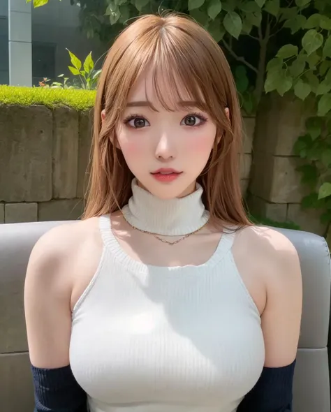 pureerosface_v1, best quality, photorealistic, 8k, high res, full color, 1girl, woman, 20 years old woman, (closed mouth:1.2), (skindentation), (portrait:0.6), trees, park bench, daylight, ((park background:1.52)), full color, ((necksweater:1.68)), straight-looking at viewer:1.8, (1girl eyes looking at viewer:1.55), (shoulder-length hair, brown-blondhair, partedhair:1.45), (bokeh), <lora:AAV-konan:0.65>