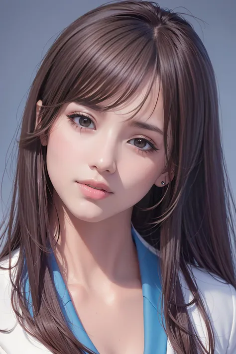 RAW, sharp focus, delicate, beautiful composition, best quality, (realistic), high quality, ultra detailed, (Real picture), (realistic skin), (intricate details), (latex skin:0.4), (detailed skin:1.3), (perfect glossy shiny skins:0.6), (beautiful eyes), round eyes, pretty face, Blushing face, glossy lips, high nose bridge, [:(detailed face:1.2):0.2], shiny eyes, (pureerosface_v1:0.1), instagram, (kpop idol, korean mixed), a face of perfect proportion, (high nose:0.7), realistic humid skin, red lips, Crimson (UA), (happy face:1.2), 8k uhd, dslr, high quality, film grain:1.3, photorealistic, (studio), (blue simple background:1.5), (white blouse: 1.5), (black blazer:1.5), (shut lips:1.3), <lora:grav-umi:0.61>