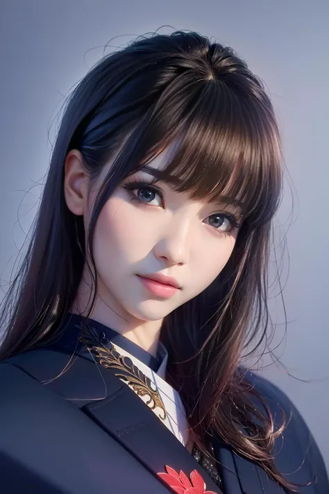 RAW, sharp focus, delicate, beautiful composition, best quality, (realistic), high quality, ultra detailed, (Real picture), (realistic skin), (intricate details), (latex skin:0.4), (detailed skin:1.3), (perfect glossy shiny skins:0.6), (beautiful eyes), round eyes, pretty face, Blushing face, glossy lips, high nose bridge, [:(detailed face:1.2):0.2], shiny eyes, (pureerosface_v1:0.1), instagram, (kpop idol, korean mixed), a face of perfect proportion, (high nose:0.7), realistic humid skin, red lips, Crimson (UA), (happy face:1.2), 8k uhd, dslr, high quality, film grain:1.3, photorealistic, (studio), (blue simple background:1.5), (white blouse: 1.5), (black blazer:1.5), (shut lips:1.3), <lora:grav-umi:0.61><hypernet:gigantomastia_:1.0>