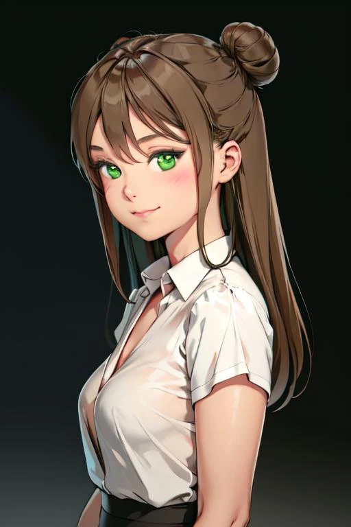 (masterpiece:1.2, best quality:1.2, beautiful, high quality, highres:1.1, aesthetic), 
highres,1girl,solo,green eyes,long hair,shirt,looking at viewer,hair ornament,white shirt,bangs,upper body,smile,brown hair,closed mouth,hair bun,hair between eyes,blush,looking to the side,from side,breasts,<lora:style_anmi_v1:1>,
<lora:RetroAnimeCraft_v1:1>