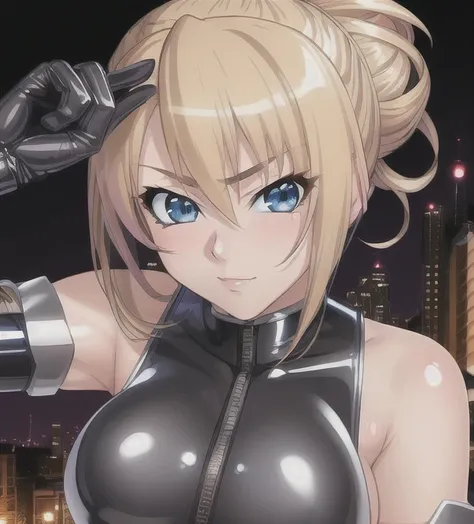 <lora:StyleKagamiHirotaka2:1>, (ultra detailed:1.2), (best quality:1.2), (masterpiece:0.9), (sketch:0.5), (night background), kagami hirotaka style, 1girl, blonde hair, blue eyes, wide-eyed, hair up, updo, taimanin, skin tight, latex, elbow gloves, fishnets, ninja, alley, pose, (close-up), anime
