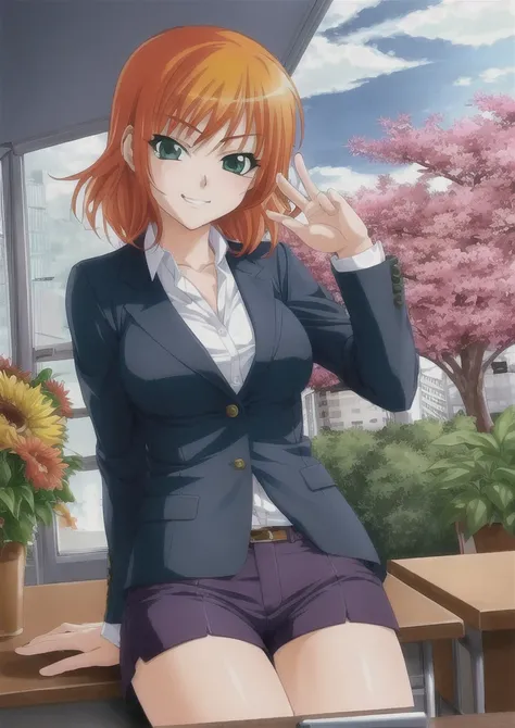 <lora:StyleKagamiHirotaka2:0.7>, (ultra detailed:1.2), (best quality:1.2), (watercolor:0.9), (sketch:0.7), (masterpiece:0.9), (office background), kagami hirotaka style, 1girl, smirking expression, orange hair, blue green eyes, waving at viewer, thigh boots, short shorts, business suit, colorful flowers
