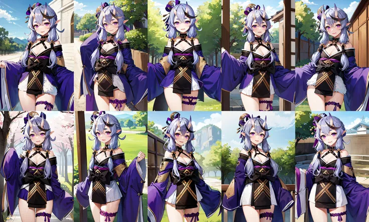 score_9,score_8_up,score_7_up,score_6_up,score_5_up,score_4_up, source_anime, bbkiyo, long hair, green hair, white horns, hair ornament, yellow eyes, white kimono, multicolored kimono, pelvic curtain, white thighhighs, <lora:kiyohime_(berserker)_XL_1:1>, standing, cowboy shot, outdoors, smile,