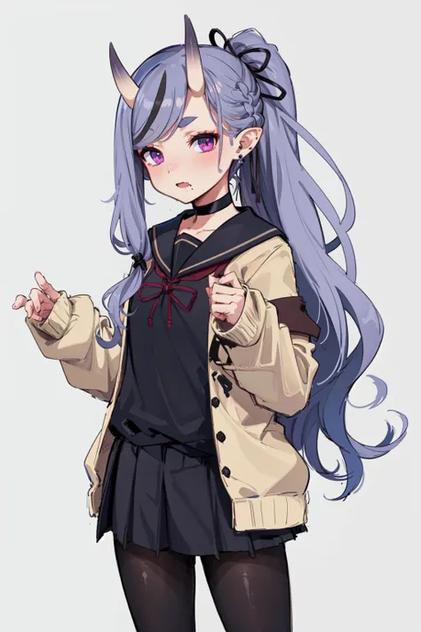 bbmikoto, ponytail, short eyebrows, earrings, fang, black choker, black sailor collar, cardigan, open clothes, sleeves past wrists, school uniform, (black shirt:1.1), pleated skirt, black skirt, black pantyhose, <lora:rindou_mikoto_v1:0.7>, cowboy shot, standing,
