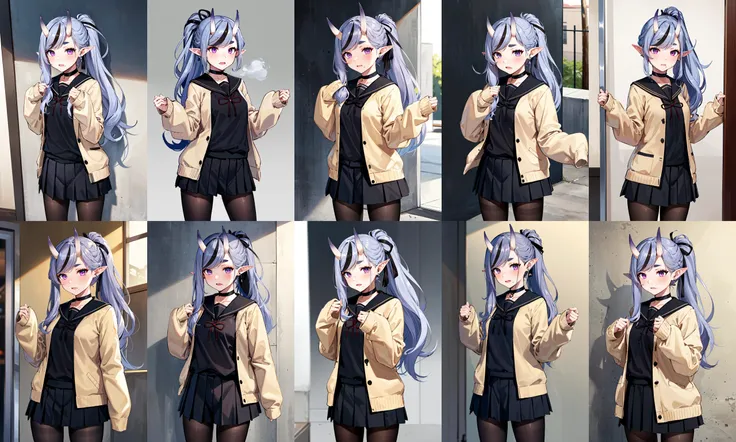 masterpiece, best quality, highres, bbmikoto, ponytail, short eyebrows, earrings, fang, black choker, black sailor collar, cardigan, open clothes, sleeves past wrists, school uniform, (black shirt:1.1), pleated skirt, black skirt, black pantyhose, <lora:rindou_mikoto_v1:0.7>, cowboy shot, standing, outdors