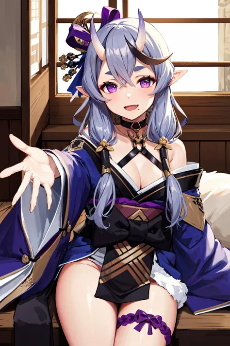 masterpiece, best quality, highres, aamikoto, low twintails, crescent hair ornament, bow, purple ribbon, short eyebrows, fang, off shoulder, purple kimono, short kimono, cleavage, obi, sash, thigh strap, <lora:rindou_mikoto_v1:0.7>, cowboy shot, smile, open mouth, reaching out, sitting