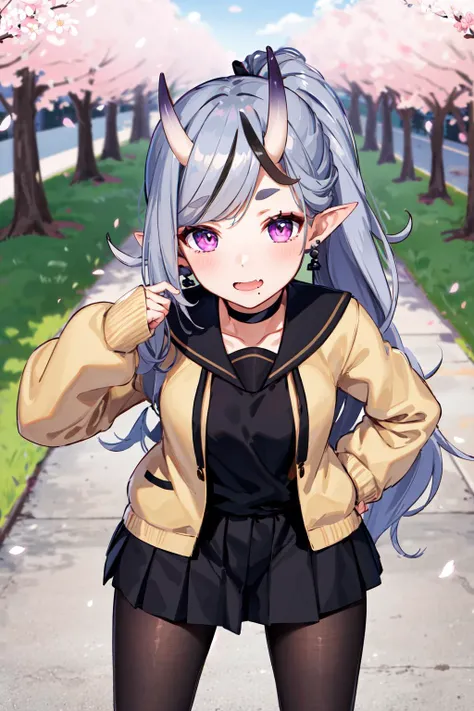 masterpiece, best quality, highres, bbmikoto, ponytail, short eyebrows, earrings, fang, black choker, black sailor collar, cardigan, open clothes, sleeves past wrists, school uniform, (black shirt:1.1), pleated skirt, black skirt, black pantyhose, <lora:rindou_mikoto_v1:0.7>, hand on hip, leaning forward, cherry blossoms,
