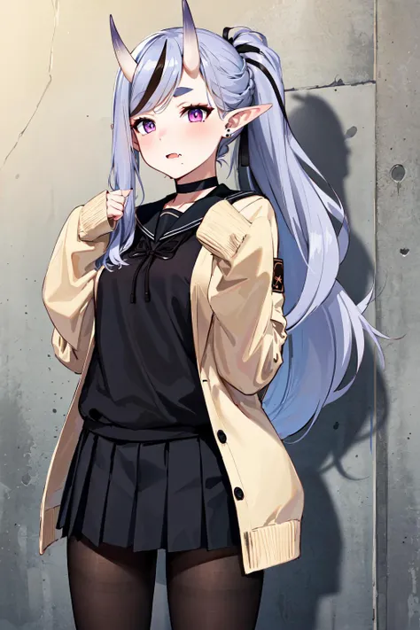 masterpiece, best quality, highres, bbmikoto, ponytail, short eyebrows, earrings, fang, black choker, black sailor collar, cardigan, open clothes, sleeves past wrists, school uniform, (black shirt:1.1), pleated skirt, black skirt, black pantyhose, <lora:rindou_mikoto_v1:0.7>, cowboy shot, standing,
