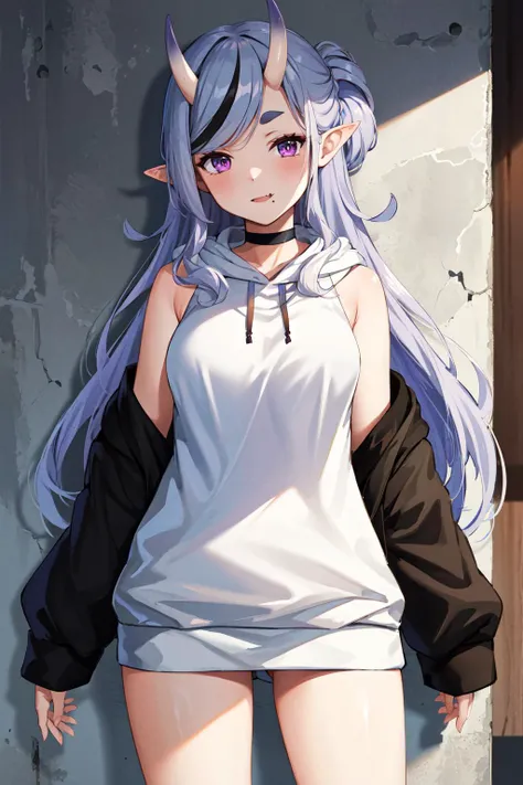 masterpiece, best quality, highres, 1girl, ddmikoto, sleeveless hoodie, (white hoodie:1.1), off shoulder, open clothes, black choker, black jacket, short eyebrows, bare shoulders, black socks, fang, <lora:rindou_mikoto_v1:0.7>, cowboy shot, standing, indroos