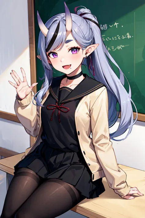 masterpiece, best quality, highres, bbmikoto, ponytail, short eyebrows, earrings, fang, black choker, black sailor collar, cardigan, open clothes, sleeves past wrists, school uniform, (black shirt:1.1), pleated skirt, black skirt, black pantyhose, <lora:rindou_mikoto_v1:0.7>, cowboy shot, classroom, sitting, waving, smile, open mouth