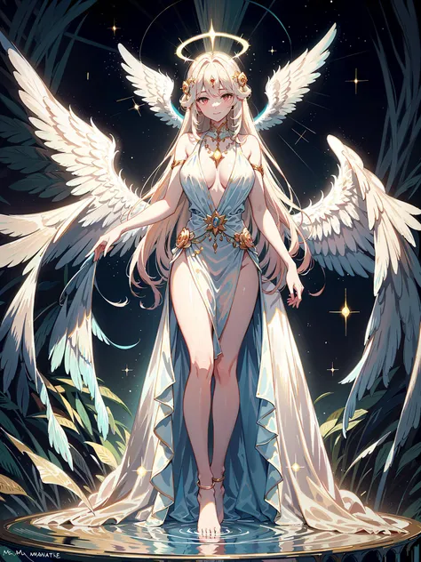 (masterpiece), (extremely detailed 8k wallpaper),(best quality), (ultra-detailed),(best illumination, best shadow), (an extremely delicate and beautiful),watercolor, oil painting, rich colors, dazzling colors, fantasy, supernatural, epic
1 girl with (multicolored long hair:1.2), large (one blue and one red eyes), large breasts, (extremely beautiful and pretty), smiling, wearing a see- through gown resembling an evening dress, (deep V-neck), bare shoulders, bare legs, bare feet, a sparkling necklace,halo on the head , angel wings, (AngelicAI) ,waving hands, in a relaxed and stretched pose, starlight around
Universe, a colorful starry sky, a very splendid nebula, a multitude of stars <lora:angel_wings_v10:0.4> <lora:AngelicAI:0.6>