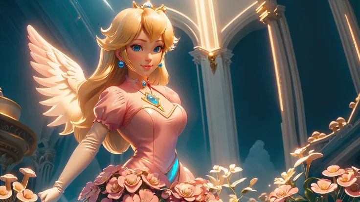 (<lora:AngelicAI:0.6> AngelicAI),highres,masterpiece,perfect ligthing,bloom,cinematic lighting,adult,perfect skin,female,cowboy shot,smile,narrow waist,skinny,<lora:PrincessPeachMovie:0.6>,(PrincessPeach),(a pink transparent Princess Peach),choker,detailled eyes,blue eyes,choker,sensual,mushrooms,mushroom kingdom,pink lips,((glossy lips)),pursed lips,pink pumps,glossy skin,oily skin,beautiful light,(day:1.3),bright,looking at viewer,<lora:3DMM_V11:0.4>,