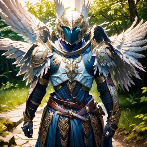 1boy, warrior, wear armor, surrounded by forest, <lora:ArmorSuit_v01:0.7>, Realistic, Photorealistic, (masterpiece:1.5), concept art, intricate details, highly detailed, photorealistic, octane render, 8k, unreal engine, dynamic pose, best quality, highres, holding sword, <lora:FEHAllAttack:0.5>,(head wearing skull_helmet:0.7),diffuse lighting, detailed, soft lighting, elegant, (Realistic:1.5), (Photorealistic:1.2), <lora:epi_noiseoffset2:0.7>, <lora:AngelicAI:0.8>,AngelicAI, <lora:paladin2_5-128:0.7>, winged helmet, feather, angel wings,