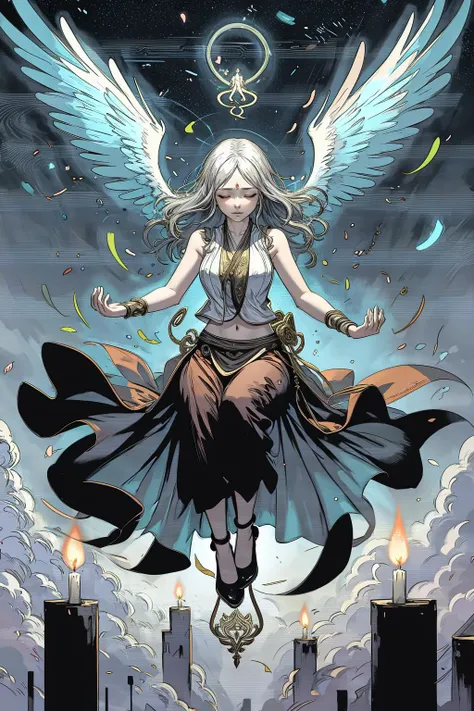 (masterpiece:1), (best quality:1), high contrast, strong shadows, outlines, <lora:graphicNovelStyle_v10:0.2>,
1 girl, adult (elven:0.7) woman, silver eyes, brown blowout hair,
<lora:GoodHands-beta2:0.8>,
solo, full body, (eyes closed:1.2), detailed background, detailed face, (<lora:AngelicAI:0.5>, AngelicAI theme:1.1), fantasy monk, light brown elaborate sleeveless monk vest, glowing talisman, candles, symmetrical, (legs crossed, lotus position:1.1), (levitating, meditating:1.3), calm, karma, harmonious existence, , transcendence, (hovering in the air, up in the air, mid-air:1.2), surrounded by swirling petals, emanating radiant energy, bioluminescence, floating particles, ethereal spirits in background, backlighting, wind blowing, ethereal atmosphere,