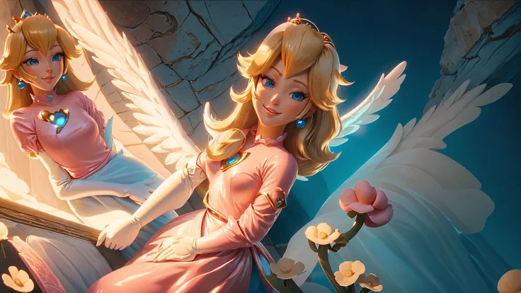 (<lora:AngelicAI:0.6> AngelicAI),highres,masterpiece,perfect ligthing,bloom,cinematic lighting,adult,perfect skin,female,cowboy shot,smile,narrow waist,skinny,<lora:PrincessPeachMovie:0.6>,(PrincessPeach),(a pink transparent Princess Peach),choker,detailled eyes,blue eyes,choker,sensual,mushrooms,mushroom kingdom,pink lips,((glossy lips)),pursed lips,pink pumps,glossy skin,oily skin,beautiful light,(day:1.3),bright,looking at viewer,<lora:3DMM_V11:0.4>,