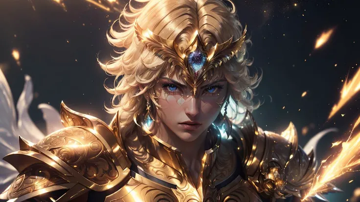 (masterpiece, high resolution, photo-realistic:1.4),  <lora:3DMM_V12:0.8>([male:female:0.65], saint seiya:1.3), (golden armor:1.3), (zodiac:1.2), (saint, warrior:1.2), (unleashed power), (mythical, powerful:1.1), (golden hues:1.2), intricate design, glowing details, (sleek, polished surface:1.1), (ornate engravings:1.2), (radiant gems:1.1), (embossed zodiac symbols:1.2), (gleaming, reflective surface:1.3), (majestic, regal:1.2), (heroic pose:1.2), (dynamic, action-packed:1.2), (epic battle scene:1.3), (colossal energy:1.2), (cosmic backdrop:1.1), (celestial constellations:1.2), (starlight:1.1), (intense, vibrant colors:1.2), (powerful aura:1.3), (dramatic lighting:1.2), (flowing, billowing cape:1.1), (crackling sparks:1.2), (fierce determination:1.2), (unyielding spirit:1.1), (saint seiya logo:1.2), (dynamic composition),(realistic, masterpiece, ultra-realistic:1.4), (intricate, ultra detailed, best quality:1.3), (cinematic lighting, comprehensive cinematic, portrait photography, magical photography:1.2), (hyper realism, soft light, dramatic light, sharp, HDR:1.3), (subsurface scattering, heavy shadow:1.2), (high resolution, High Dynamic Range, Fujifilm XT3, 8K UHD, photorealistic, rule of thirds, film photography:1.3), (DSLR, sharp focus, tack sharp, dof, film grain, crystal clear:1.2),
 <lora:NijiExpressV2:0.4  <lora:epi_noiseoffset2:0.8>  <lora:3DMM_V12:0.8>  <lora:AngelicAI:0.2> AngelicAI