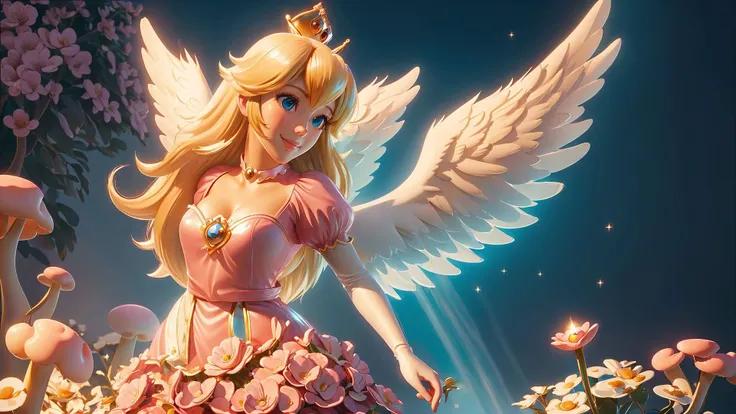 (<lora:AngelicAI:0.6> AngelicAI),highres,masterpiece,perfect ligthing,bloom,cinematic lighting,adult,perfect skin,female,cowboy shot,smile,narrow waist,skinny,<lora:PrincessPeachMovie:0.6>,(PrincessPeach),(a pink transparent Princess Peach),choker,detailled eyes,blue eyes,choker,sensual,mushrooms,mushroom kingdom,pink lips,((glossy lips)),pursed lips,pink pumps,glossy skin,oily skin,beautiful light,(day:1.3),bright,looking at viewer,<lora:3DMM_V11:0.4>,