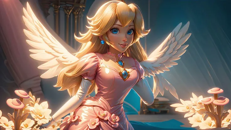 (<lora:AngelicAI:0.6> AngelicAI),highres,masterpiece,perfect ligthing,bloom,cinematic lighting,adult,perfect skin,female,cowboy shot,smile,narrow waist,skinny,<lora:PrincessPeachMovie:0.6>,(PrincessPeach),(a pink transparent Princess Peach),choker,detailled eyes,blue eyes,choker,sensual,mushrooms,mushroom kingdom,pink lips,((glossy lips)),pursed lips,pink pumps,glossy skin,oily skin,beautiful light,(day:1.3),bright,looking at viewer,<lora:3DMM_V11:0.4>,