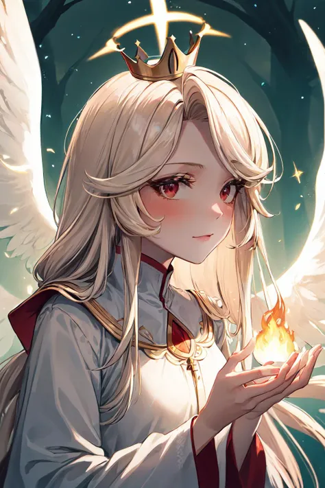 masterpiece, best quality, highres, 1girl, adult female:1.3, solo, charlie morningstar, colored skin, blonde hair, red eyes, colored sclera, <lora:hazbinhotel_morningstar_v11:0.9>, portrait, looking at viewer, solo, (full body:0.6), detailed background, close up, shining (<lora:AngelicAI:0.5>, AngelicAI theme:1.1), divine angel of nature, forest, (style-sylvamagic:1.0), leaf crown, green background, abundant greenery, lush plantlife, dark green robe, majestic divine atmosphere, bright light, holy aura, bloom, divine light, white clothes, silver embroidery,filigree, relaxed composure, , (((hell, hell fire))), <lora:add_detail:0.5>
